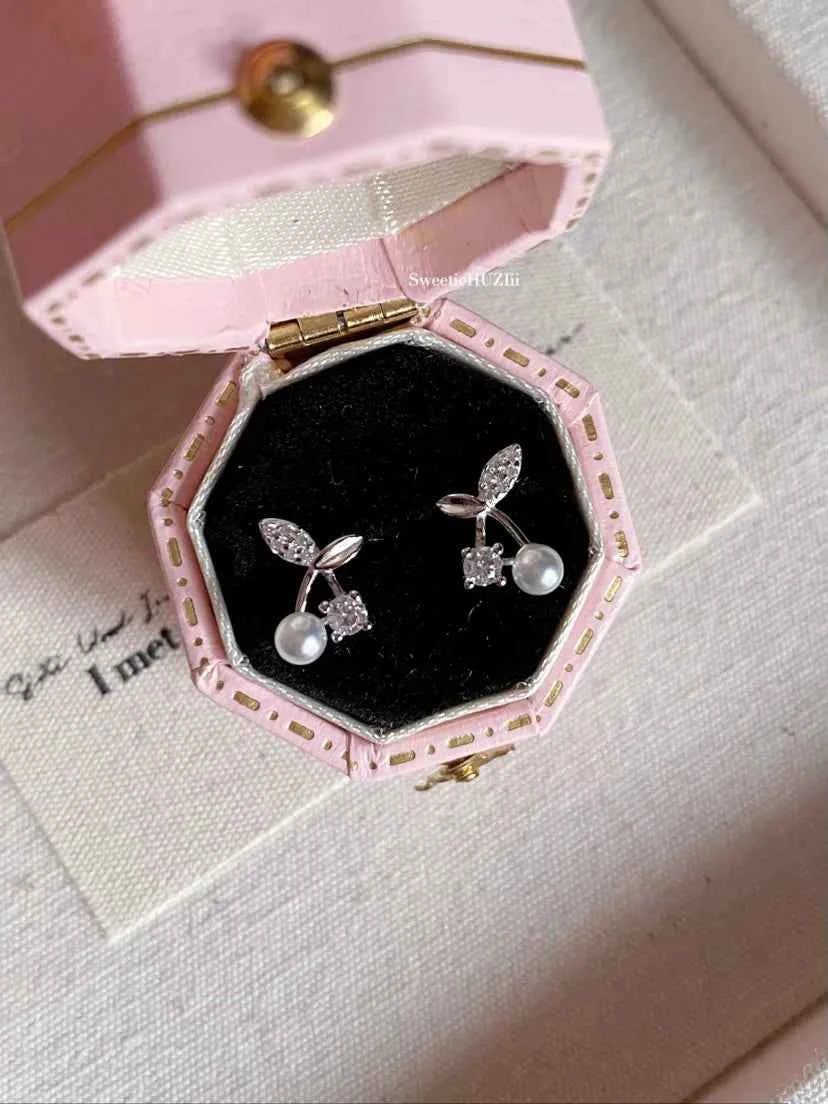 "Cherry Pearl Delight" 925 Sterling Silver Cherry and Pearl Stud Earrings - Sweet, Elegant, and Delicate