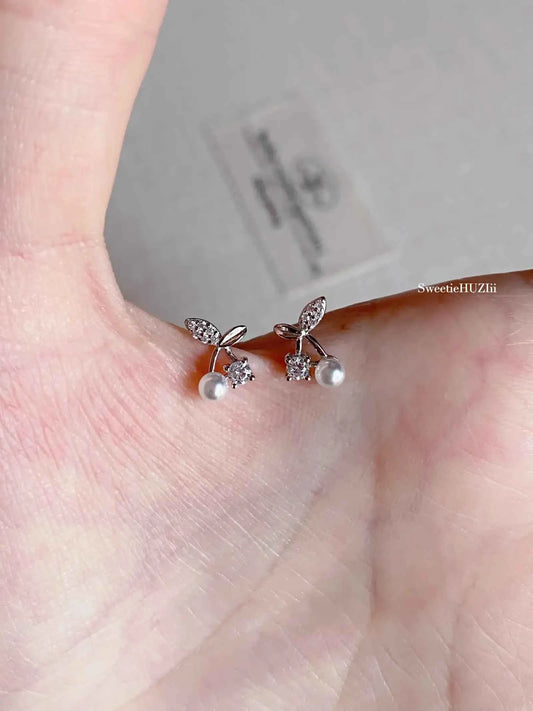 "Cherry Pearl Delight" 925 Sterling Silver Cherry and Pearl Stud Earrings - Sweet, Elegant, and Delicate