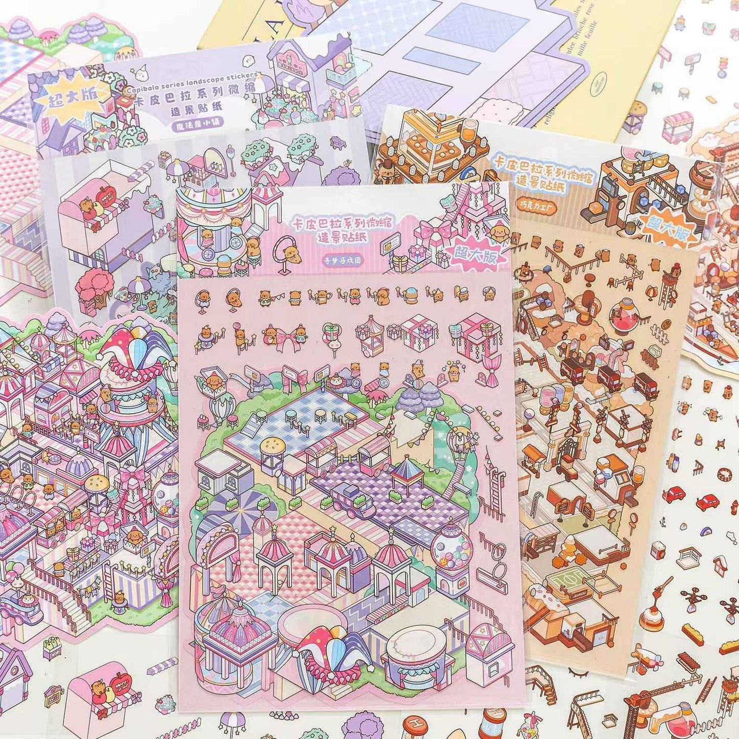 Plus Cute Capybara – 3D Miniature Sticker Scenes - 3 Theme Sets: Chocolate Factory | Circus | Magic Town