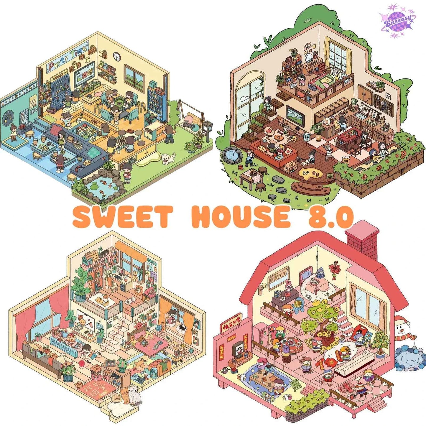 Sweet House 8.0 – 3D Miniature Sticker Scenes - 4 Theme Sets: Arcade Party | Joyful Gathering | Welcome Home | Housewarming
