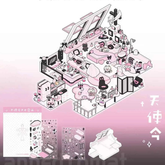 Cute Pink Black Kitty – 3D Miniature Sticker Scenes