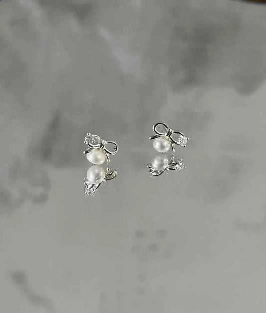 "Mini Bow Pearl" 925 Sterling Silver Stud Earrings - Sweet, Elegant, and Delicate