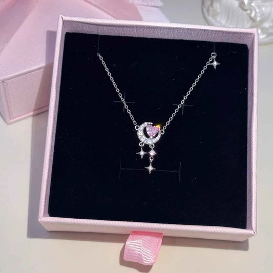 "Romantic Star River" 925 Sterling Silver Heart, Moon, and Star Necklace - Dreamy and Elegant