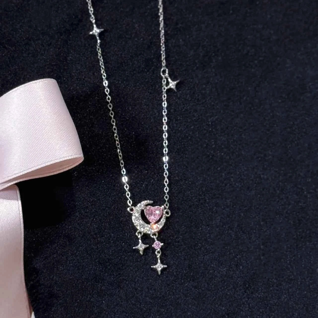 "Romantic Star River" 925 Sterling Silver Heart, Moon, and Star Necklace - Dreamy and Elegant