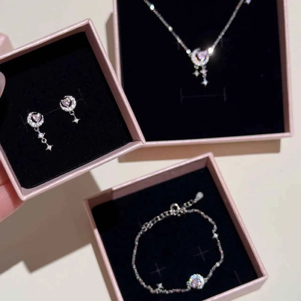 "Romantic Star River" 925 Sterling Silver Heart, Moon, and Star Necklace - Dreamy and Elegant