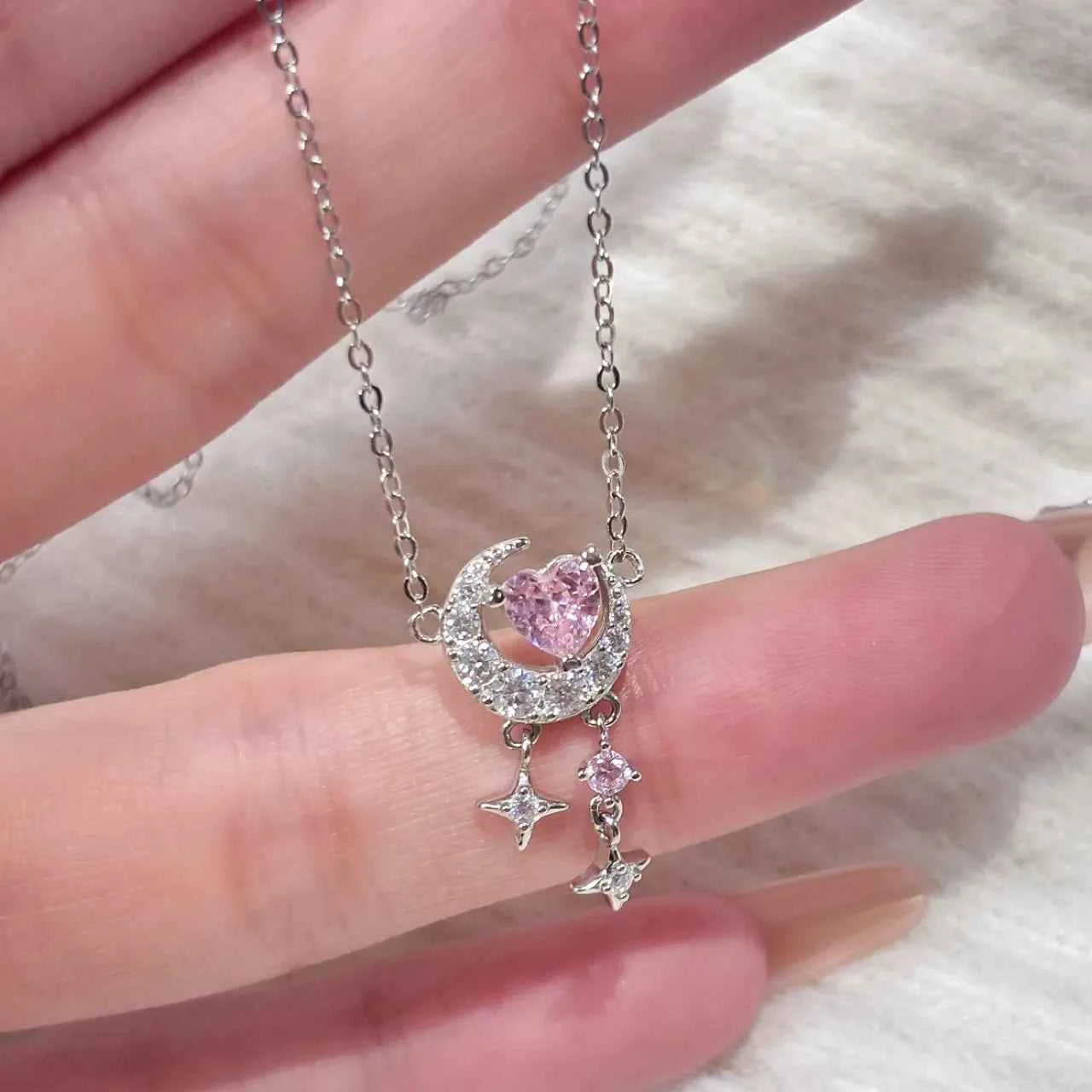 "Romantic Star River" 925 Sterling Silver Heart, Moon, and Star Necklace - Dreamy and Elegant