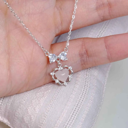 "Heart Bow" 925 Sterling Silver Necklace with Pink Natural Crystal and 5A Zircon - Delicate and Unique