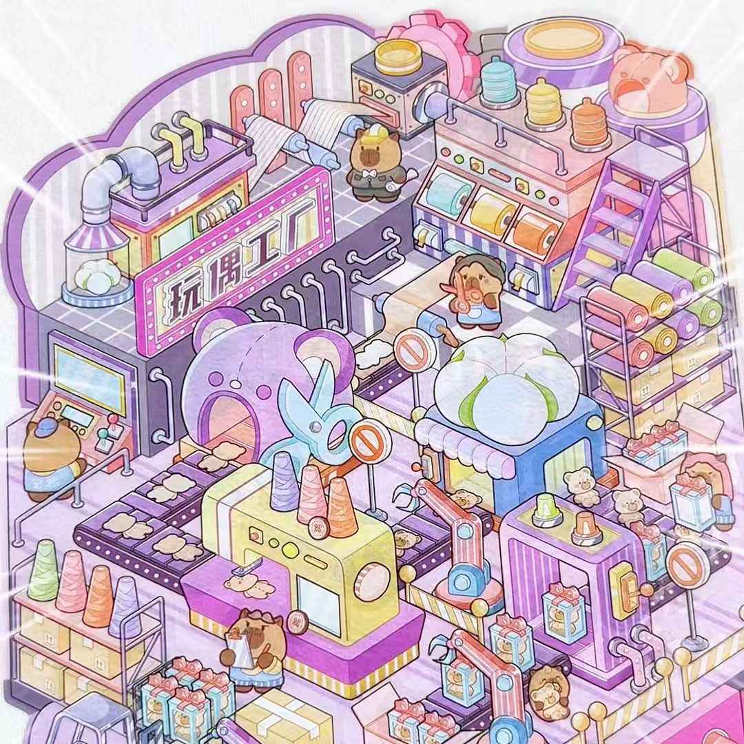 Capybara Factory Series – 3D Miniature Sticker Scenes - 4 Theme Sets: Doll Factory | Dessert Factory | Robot Factory | Egg Factory
