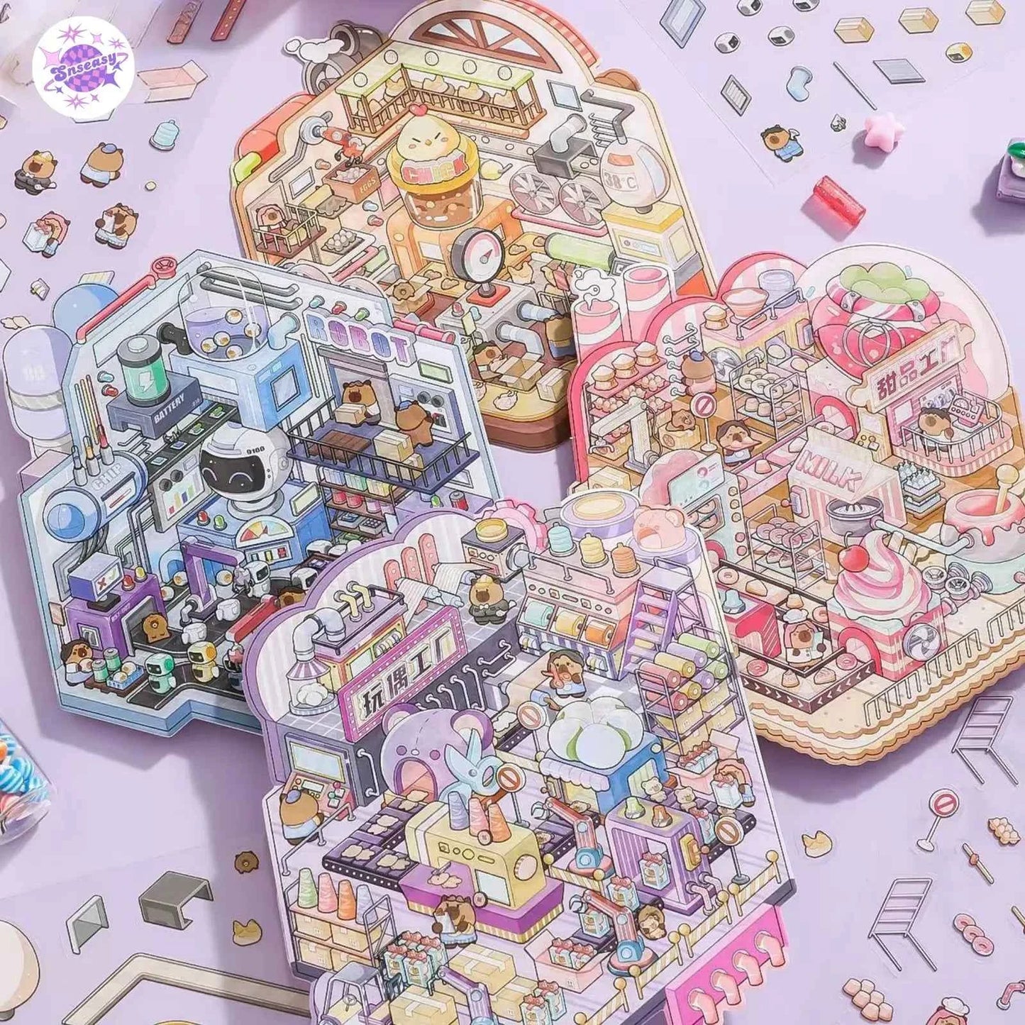 Capybara Factory Series – 3D Miniature Sticker Scenes - 4 Theme Sets: Doll Factory | Dessert Factory | Robot Factory | Egg Factory