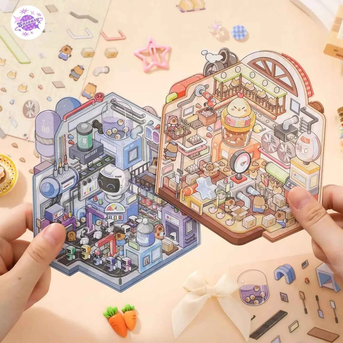Capybara Factory Series – 3D Miniature Sticker Scenes - 4 Theme Sets: Doll Factory | Dessert Factory | Robot Factory | Egg Factory
