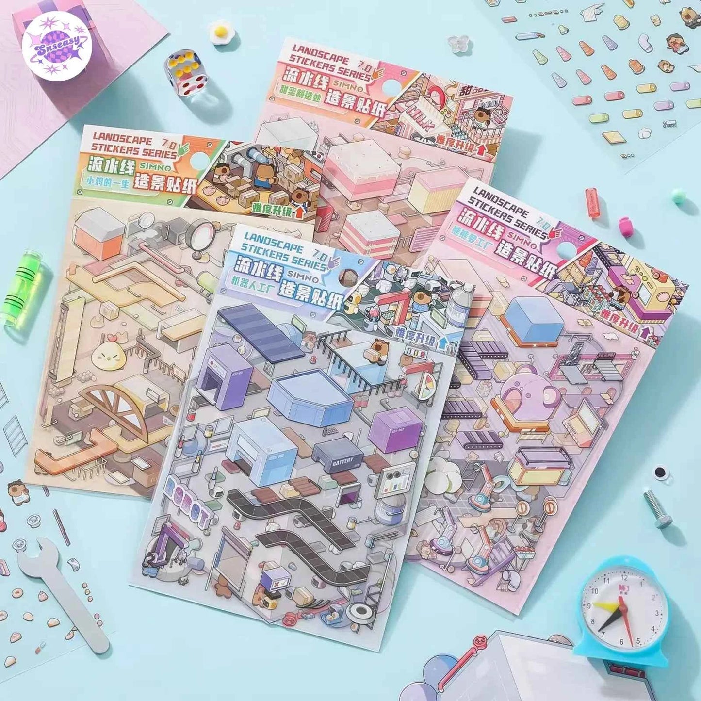Capybara Factory Series – 3D Miniature Sticker Scenes - 4 Theme Sets: Doll Factory | Dessert Factory | Robot Factory | Egg Factory