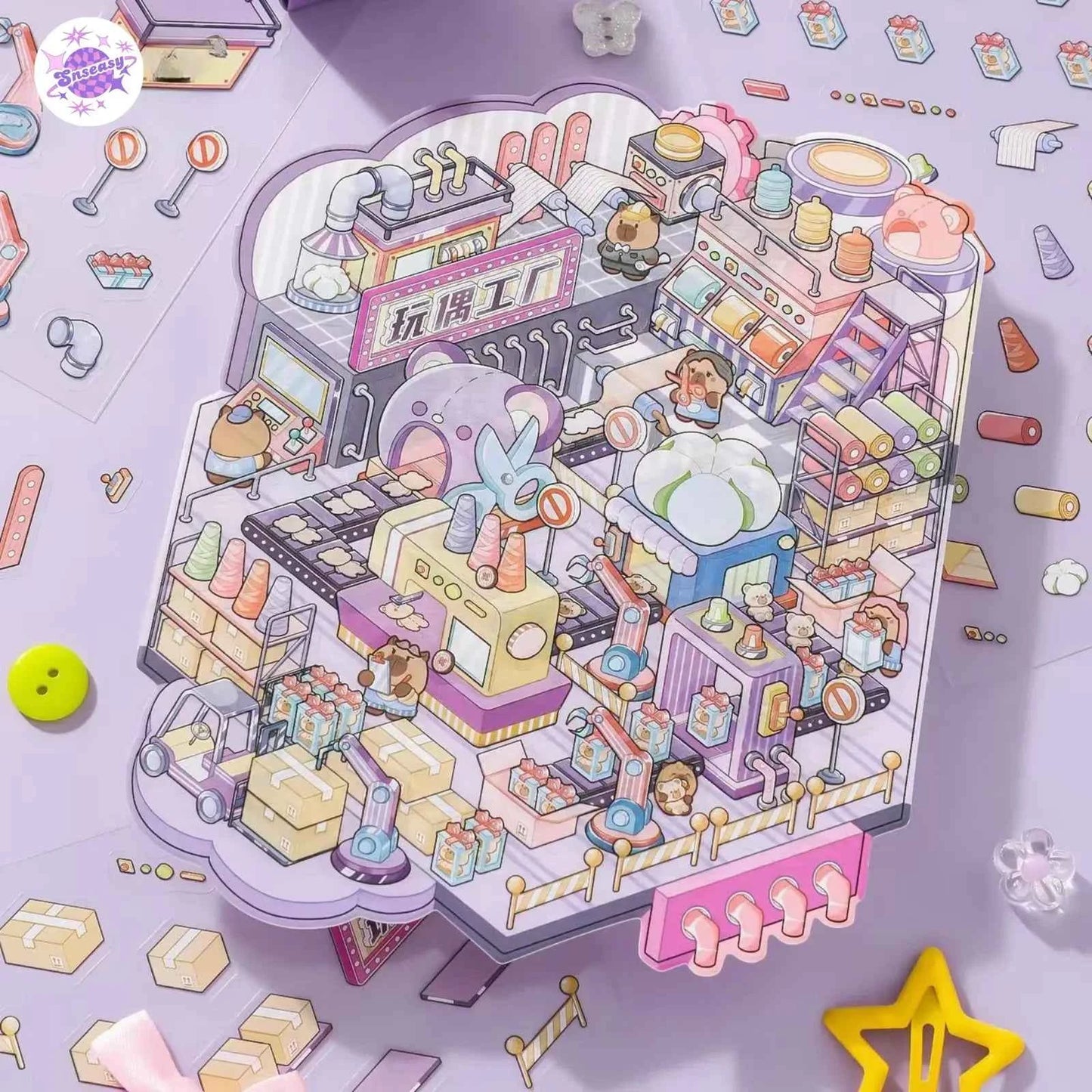 Capybara Factory Series – 3D Miniature Sticker Scenes - 4 Theme Sets: Doll Factory | Dessert Factory | Robot Factory | Egg Factory