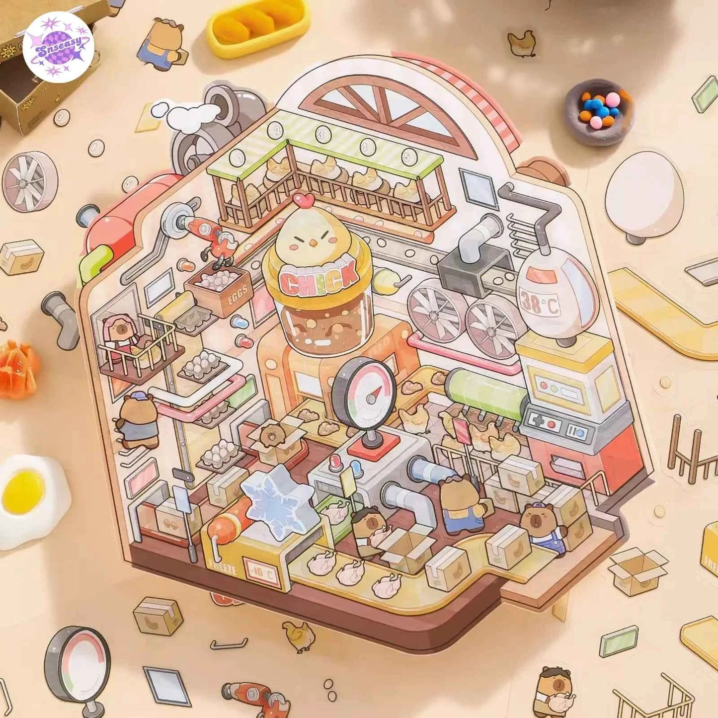 Capybara Factory Series – 3D Miniature Sticker Scenes - 4 Theme Sets: Doll Factory | Dessert Factory | Robot Factory | Egg Factory