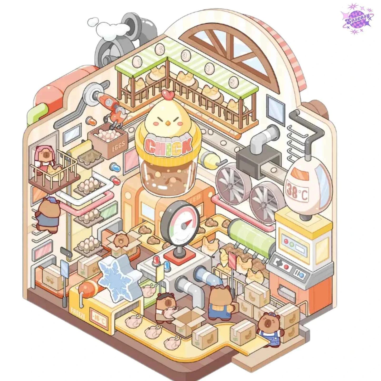 Capybara Factory Series – 3D Miniature Sticker Scenes - 4 Theme Sets: Doll Factory | Dessert Factory | Robot Factory | Egg Factory