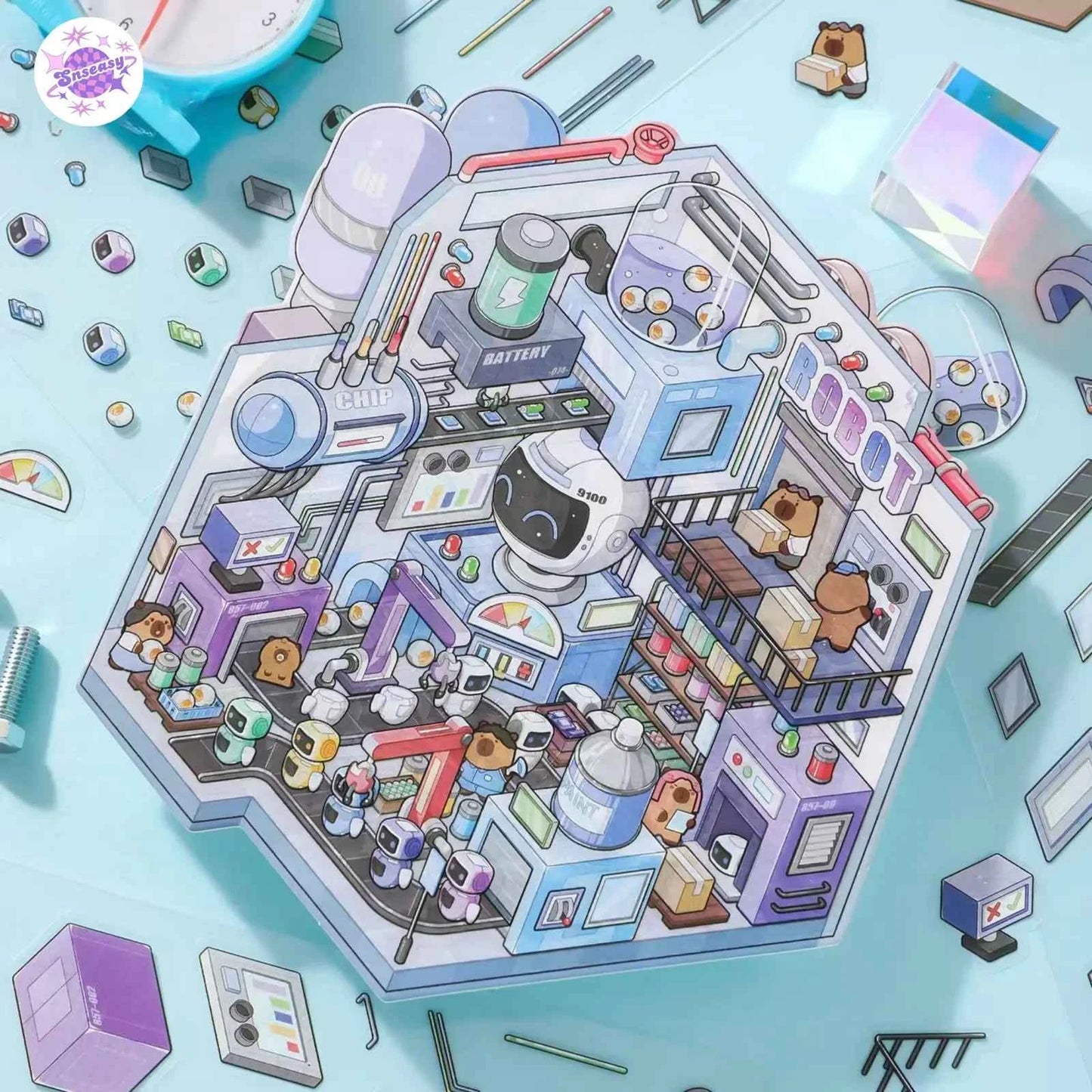 Capybara Factory Series – 3D Miniature Sticker Scenes - 4 Theme Sets: Doll Factory | Dessert Factory | Robot Factory | Egg Factory