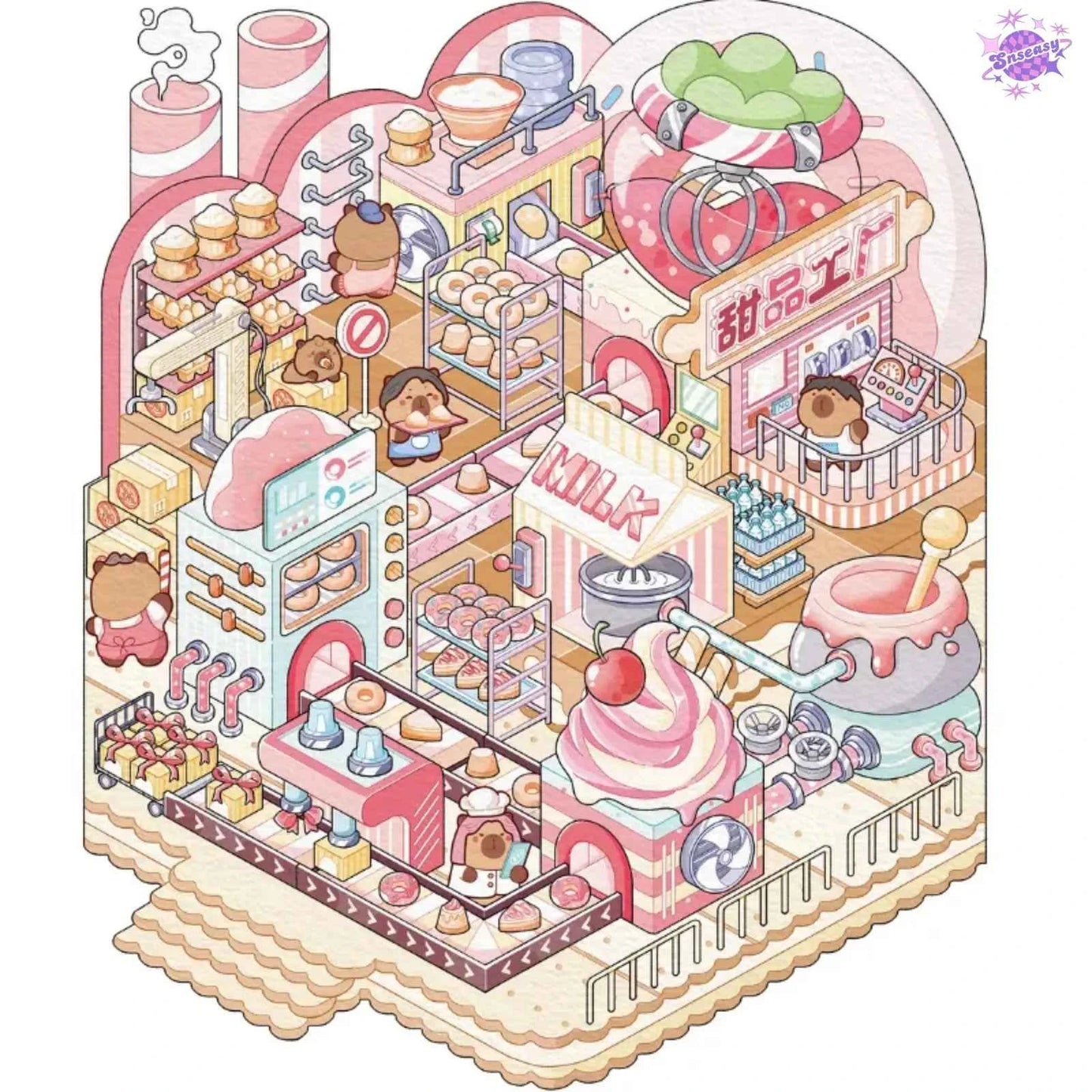 Capybara Factory Series – 3D Miniature Sticker Scenes - 4 Theme Sets: Doll Factory | Dessert Factory | Robot Factory | Egg Factory