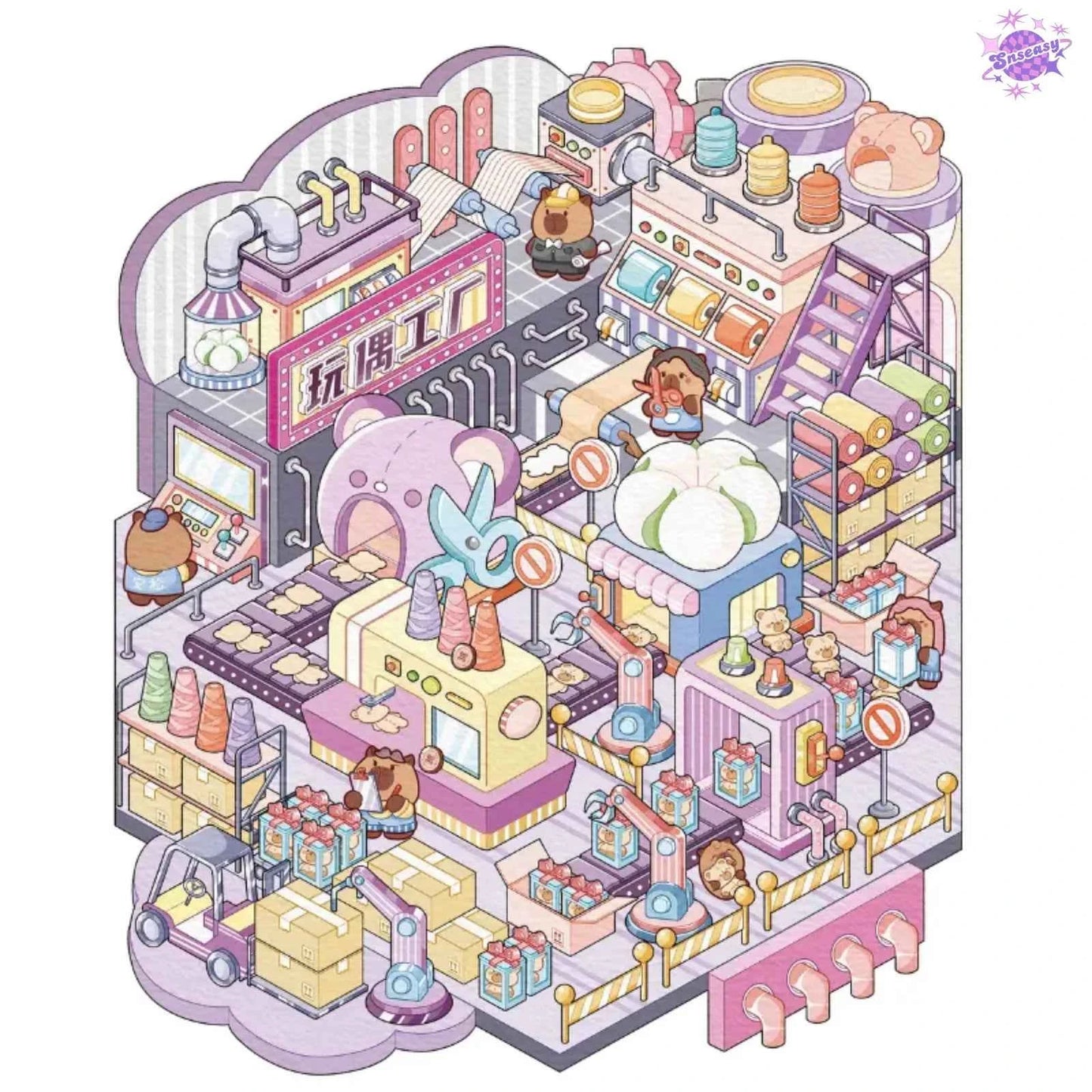Capybara Factory Series – 3D Miniature Sticker Scenes - 4 Theme Sets: Doll Factory | Dessert Factory | Robot Factory | Egg Factory