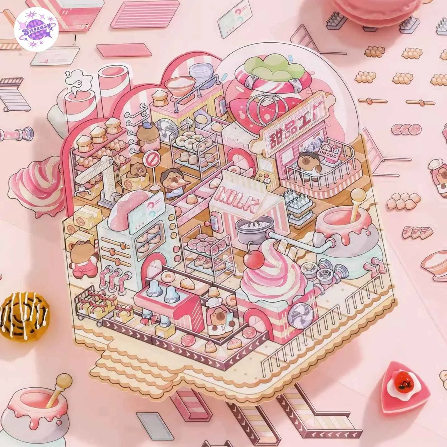 Capybara Factory Series – 3D Miniature Sticker Scenes - 4 Theme Sets: Doll Factory | Dessert Factory | Robot Factory | Egg Factory