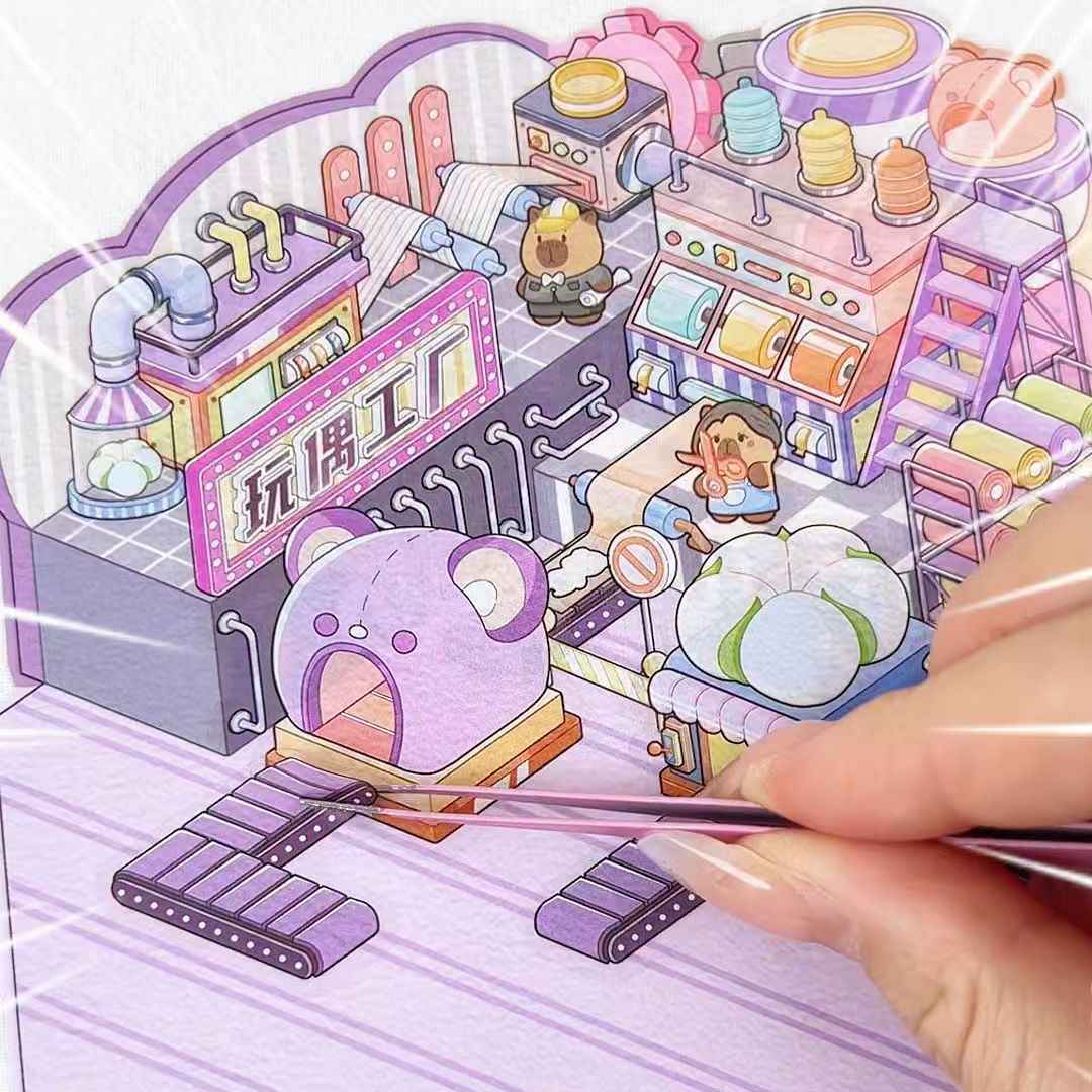 Capybara Factory Series – 3D Miniature Sticker Scenes - 4 Theme Sets: Doll Factory | Dessert Factory | Robot Factory | Egg Factory