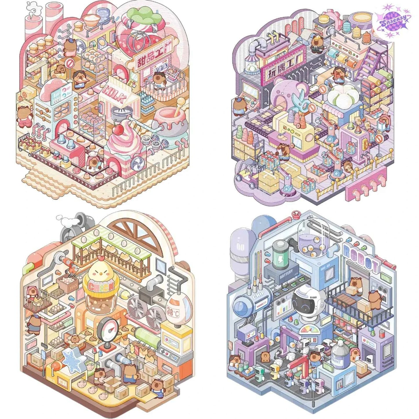 Capybara Factory Series – 3D Miniature Sticker Scenes - 4 Theme Sets: Doll Factory | Dessert Factory | Robot Factory | Egg Factory