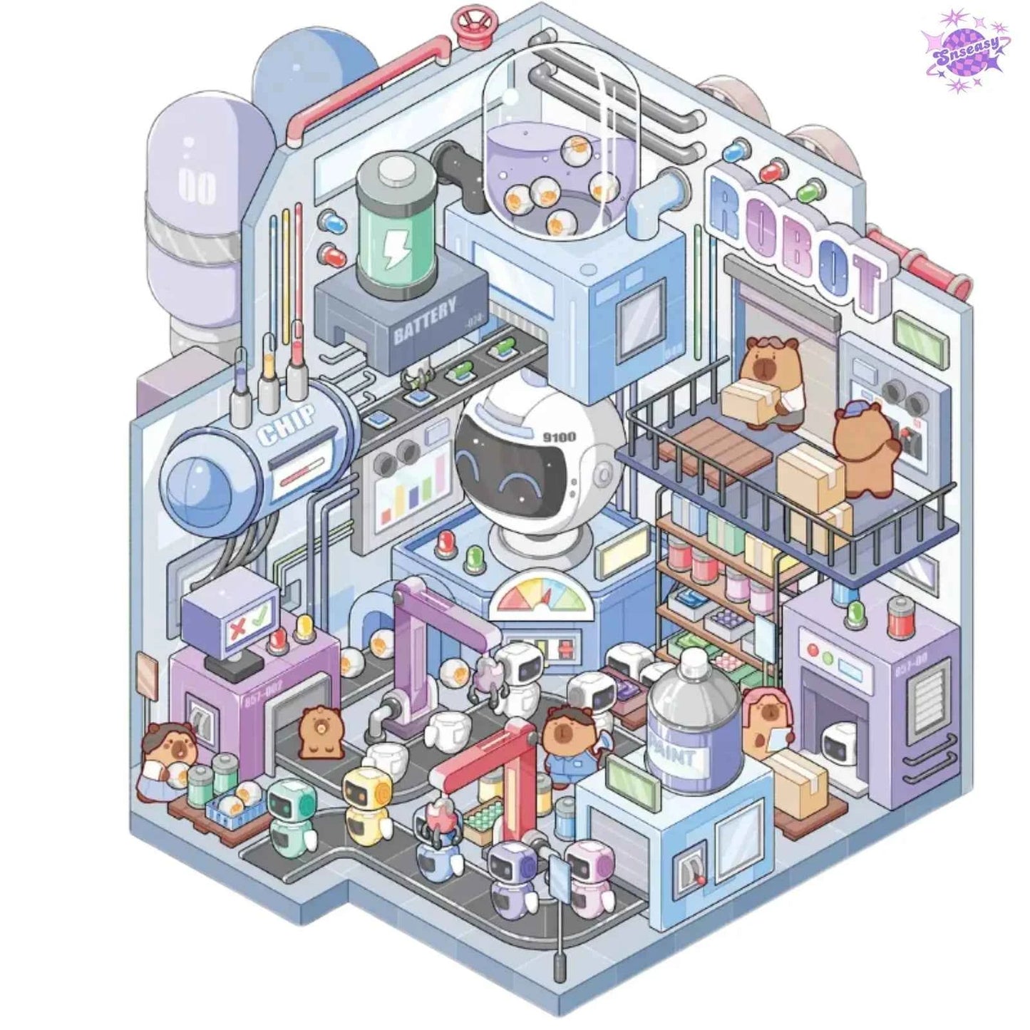 Capybara Factory Series – 3D Miniature Sticker Scenes - 4 Theme Sets: Doll Factory | Dessert Factory | Robot Factory | Egg Factory