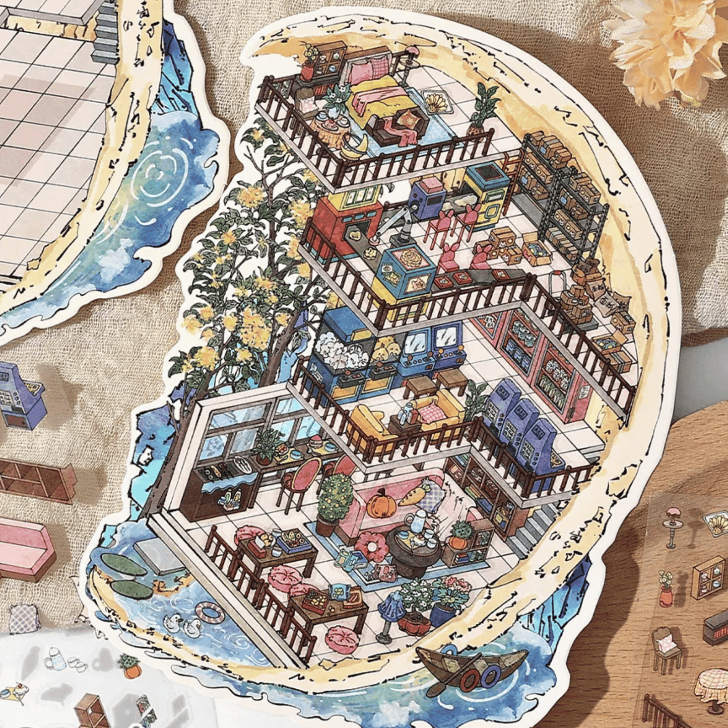 Traditional Chinese Vintage Houses – 3D Sticker Scenes - 4 Theme Sets: Stone House in the Mountains | Thatched Cottage | Bamboo Forest Retreat | Moon Island Villa