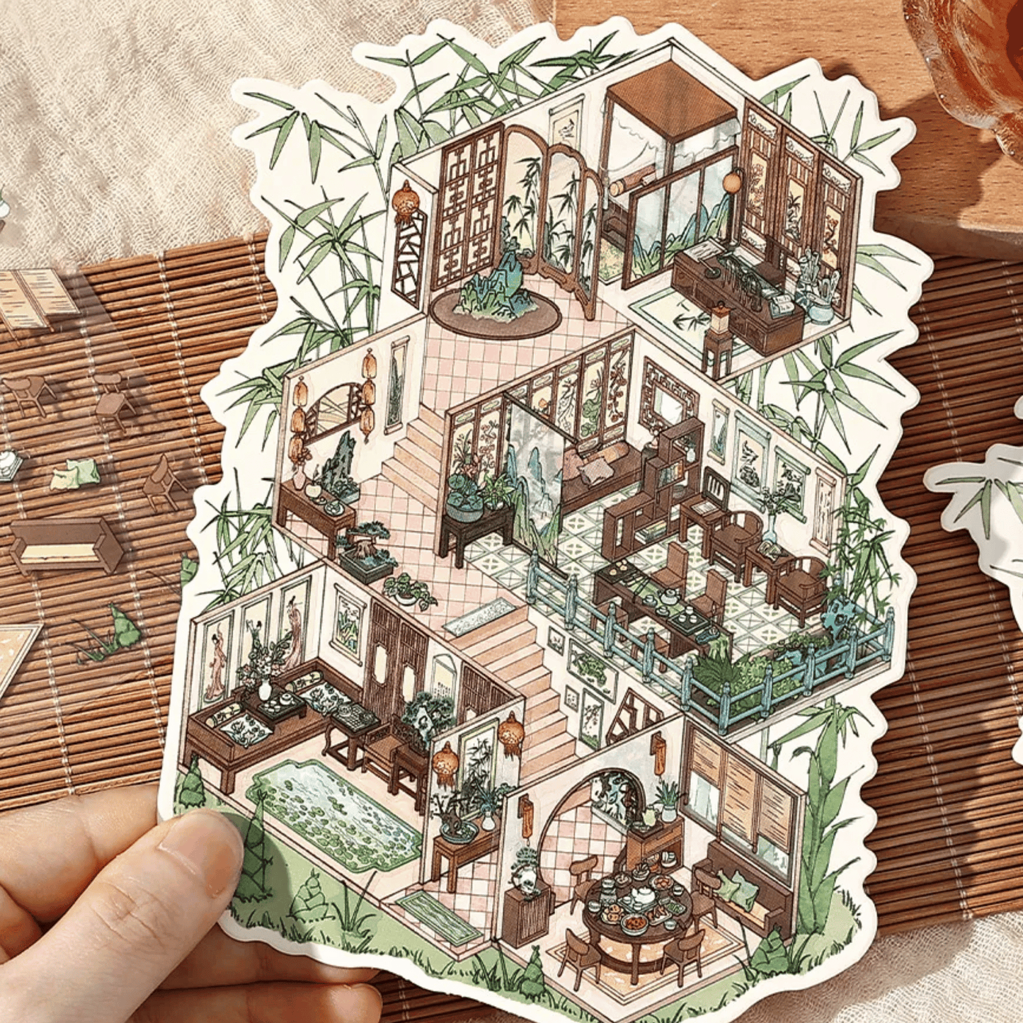 Traditional Chinese Vintage Houses – 3D Sticker Scenes - 4 Theme Sets: Stone House in the Mountains | Thatched Cottage | Bamboo Forest Retreat | Moon Island Villa