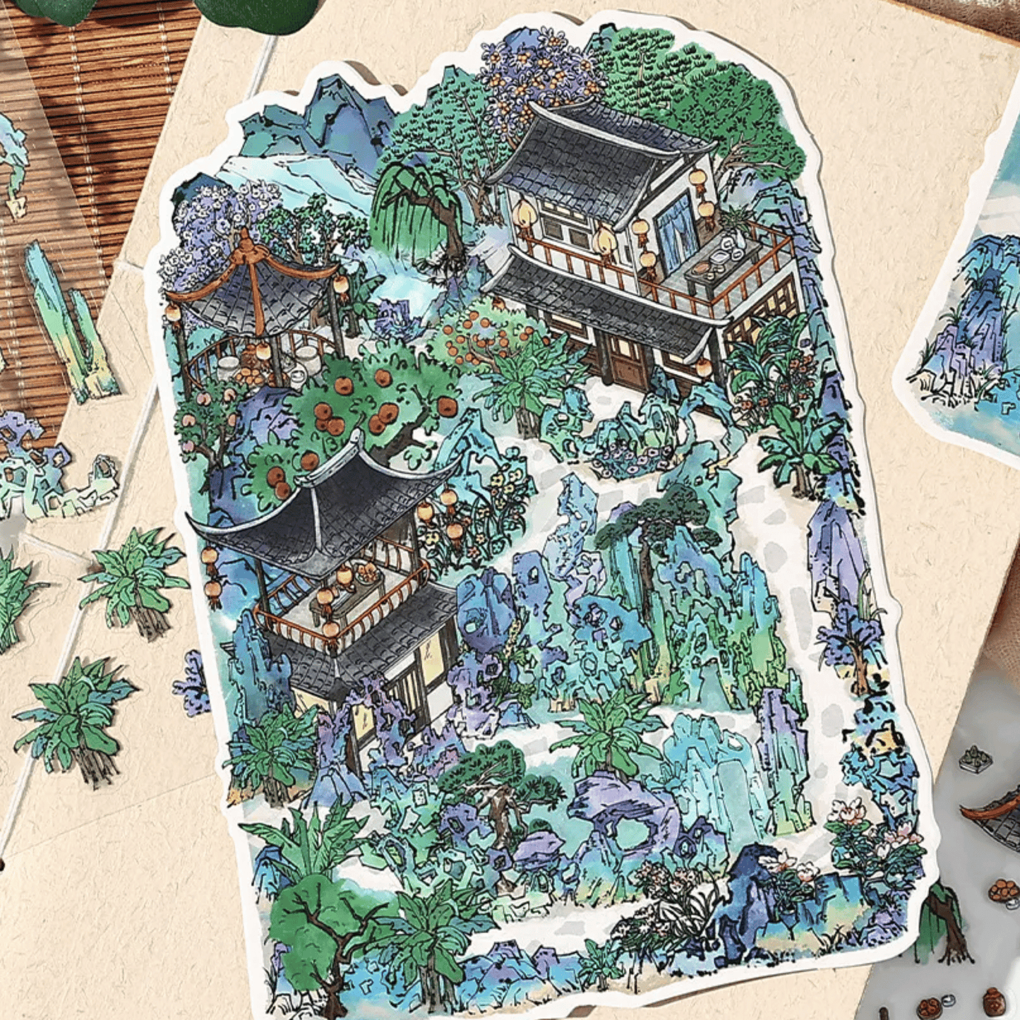 Traditional Chinese Vintage Houses – 3D Sticker Scenes - 4 Theme Sets: Stone House in the Mountains | Thatched Cottage | Bamboo Forest Retreat | Moon Island Villa