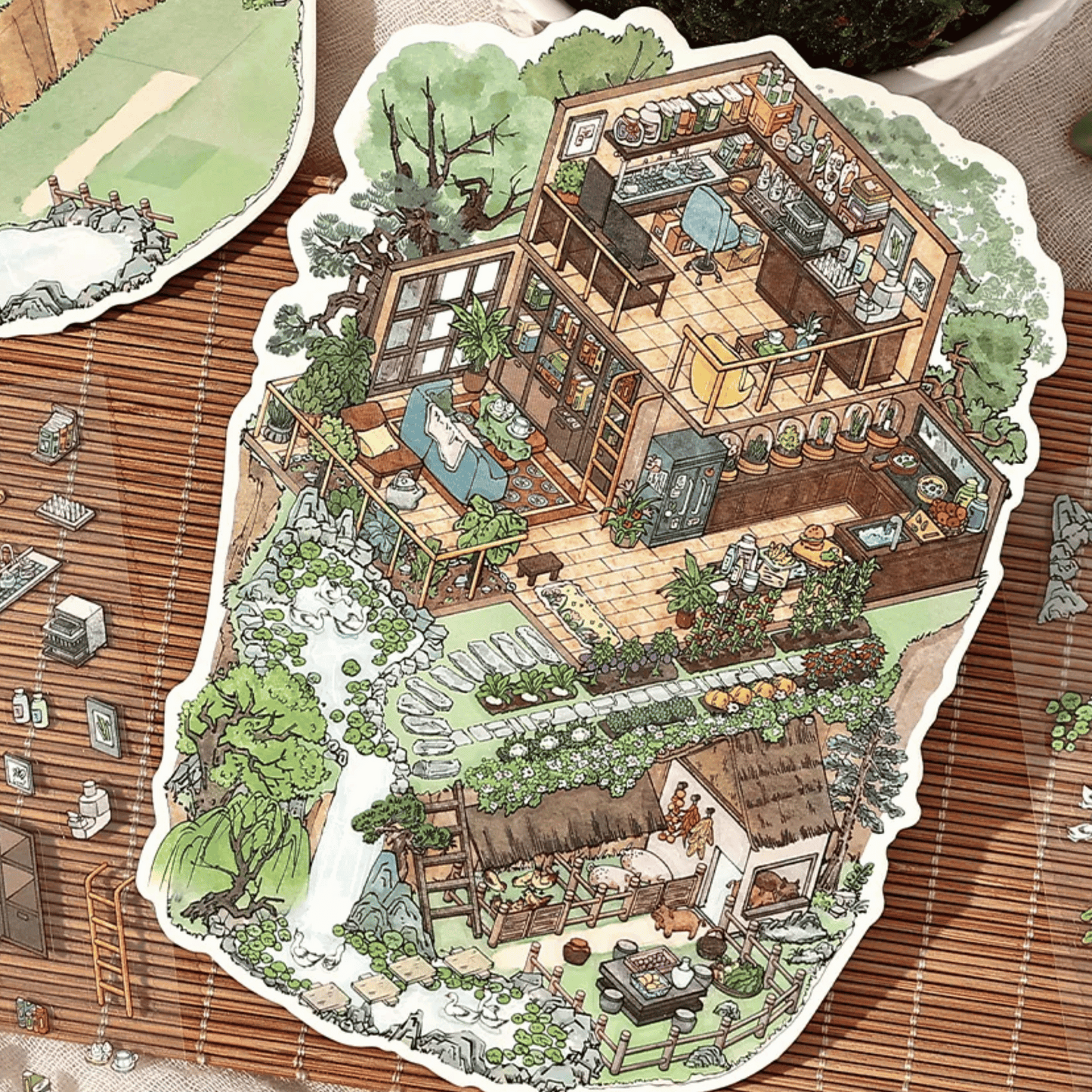Traditional Chinese Vintage Houses – 3D Sticker Scenes - 4 Theme Sets: Stone House in the Mountains | Thatched Cottage | Bamboo Forest Retreat | Moon Island Villa
