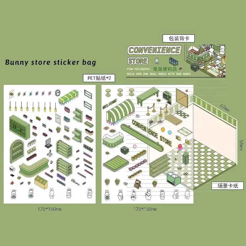 Forest Animal 3D Stickers - 4 Theme Sets: Coffee Cat Loft | Pink Hut | Penguin Ice Cream Hut | Bunny Store - SNSEASY
