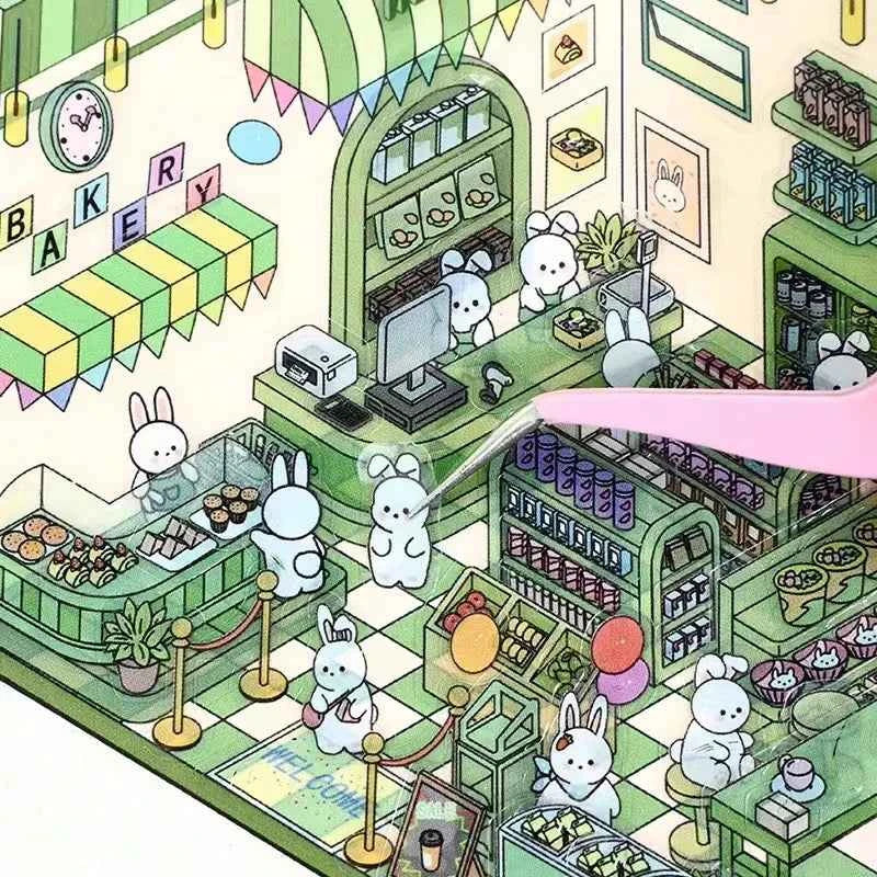 Forest Animal 3D Stickers - 4 Theme Sets: Coffee Cat Loft | Pink Hut | Penguin Ice Cream Hut | Bunny Store - SNSEASY