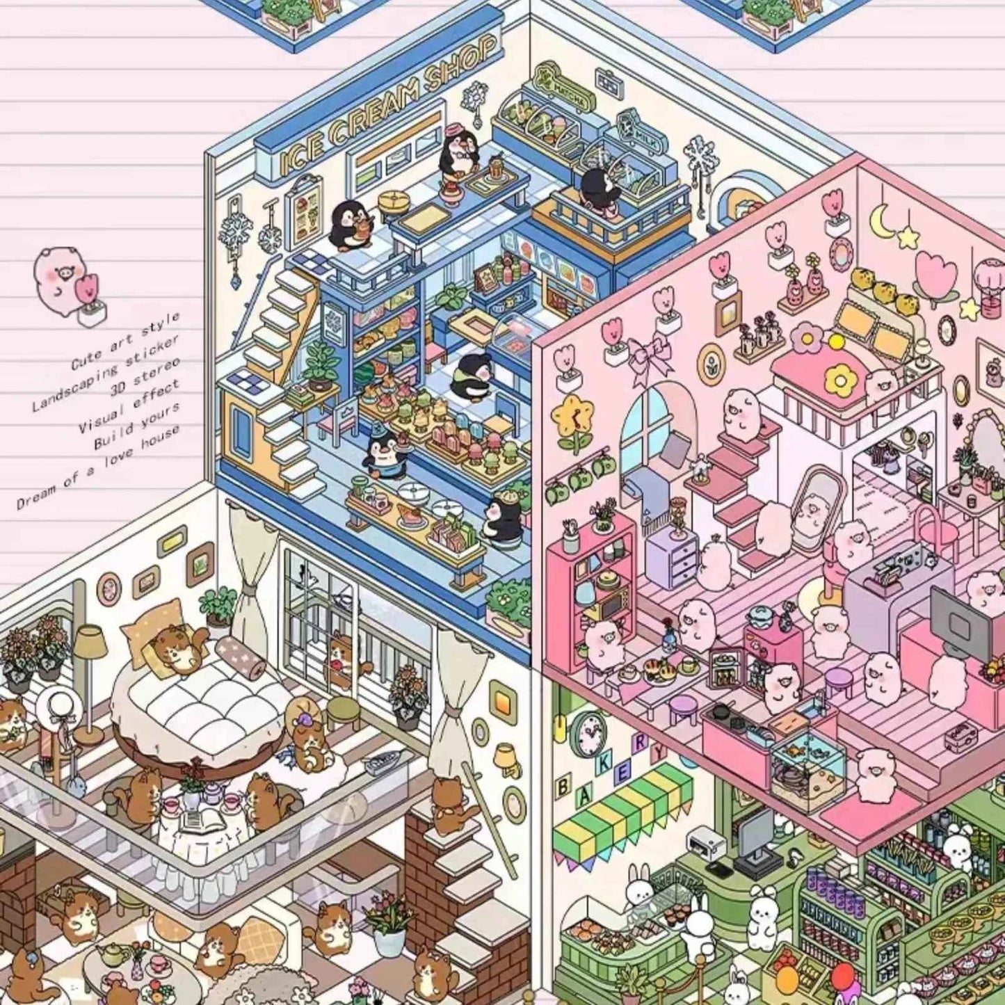 Forest Animal 3D Stickers - 4 Theme Sets: Coffee Cat Loft | Pink Hut | Penguin Ice Cream Hut | Bunny Store - SNSEASY