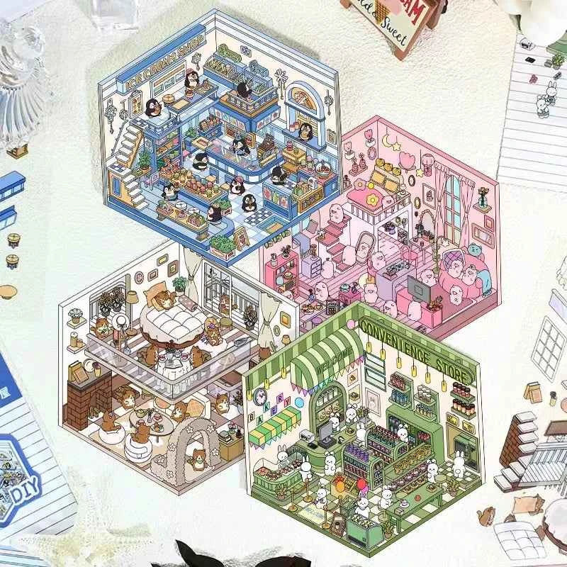 Forest Animal 3D Stickers - 4 Theme Sets: Coffee Cat Loft | Pink Hut | Penguin Ice Cream Hut | Bunny Store - SNSEASY