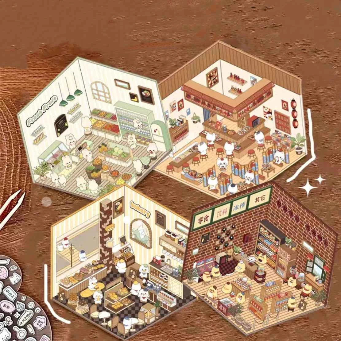 Miniature World 3D Scene Stickers - 4 Theme Sets: Izakaya | Convenience Store | Fresh Fruit | Bakery Shop - SNSEASY