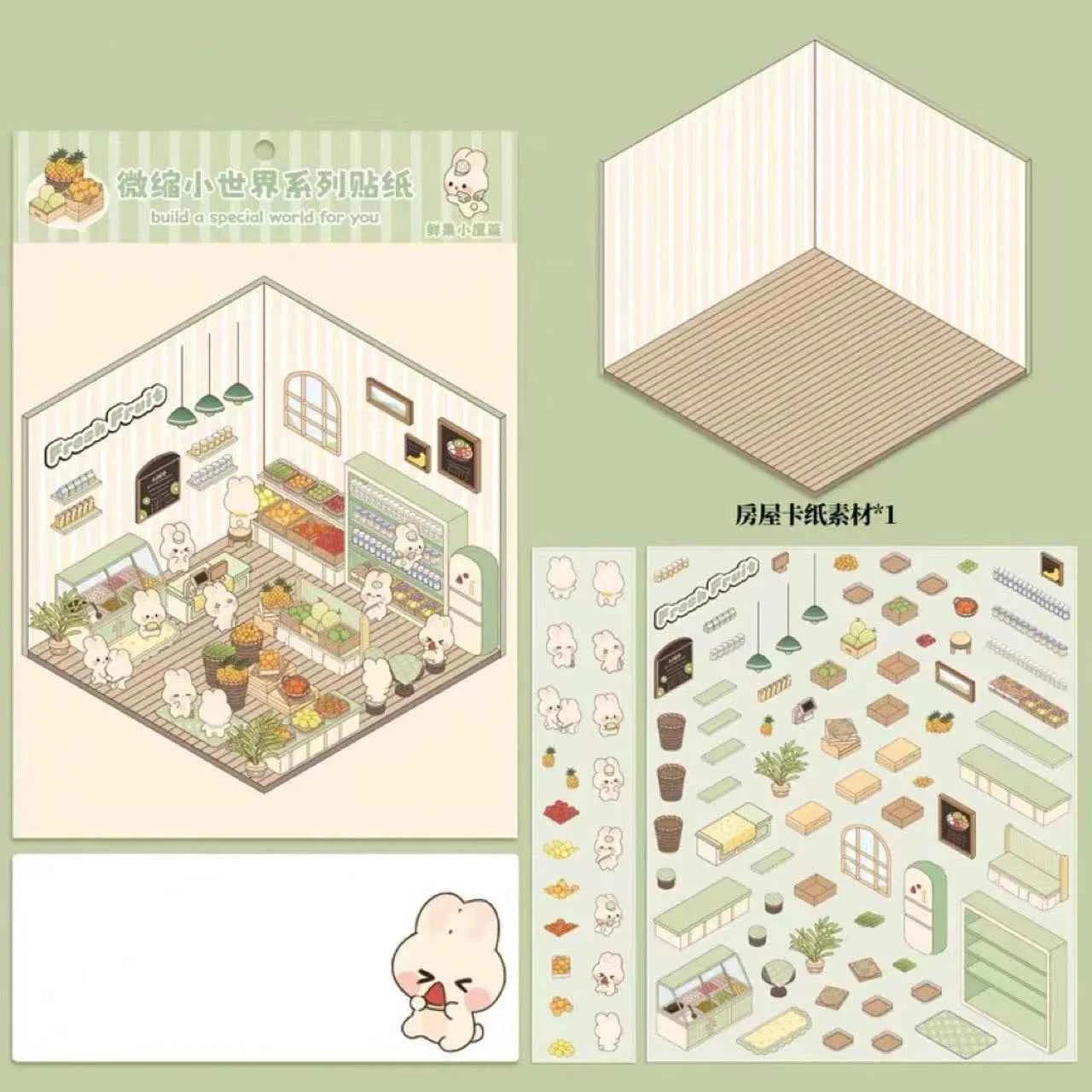 Miniature World 3D Scene Stickers - 4 Theme Sets: Izakaya | Convenience Store | Fresh Fruit | Bakery Shop - SNSEASY