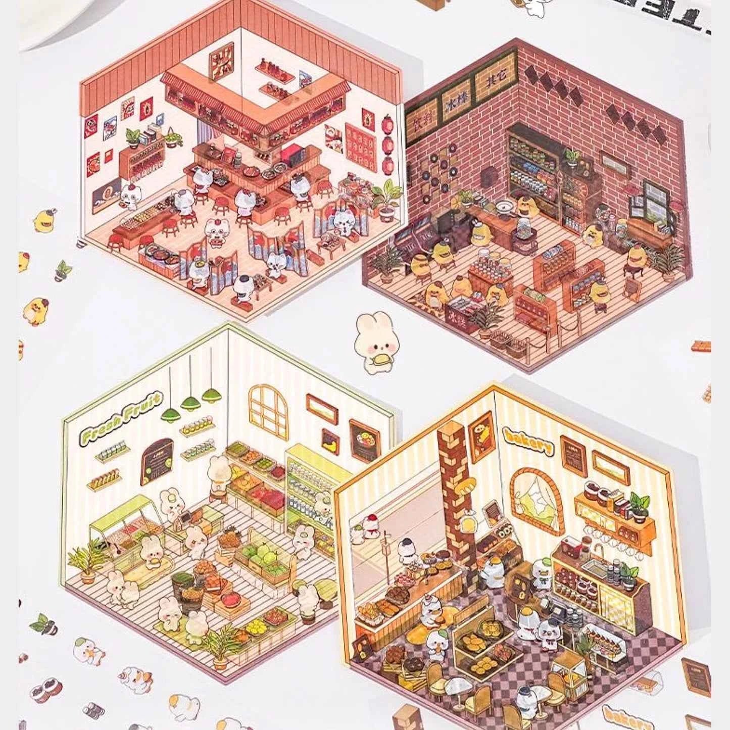 Miniature World 3D Scene Stickers - 4 Theme Sets: Izakaya | Convenience Store | Fresh Fruit | Bakery Shop - SNSEASY