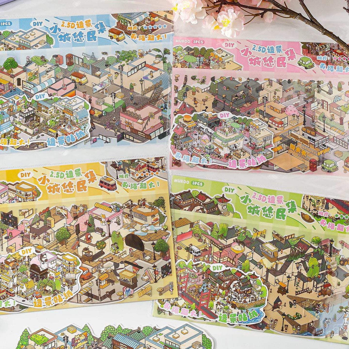 Relaxing Town – 3D Miniature Scene Stickers (Plus Size, Connectable) – 4 Theme Sets: Dockside Town | Red Brick Square | Shopping Street | Crossroads