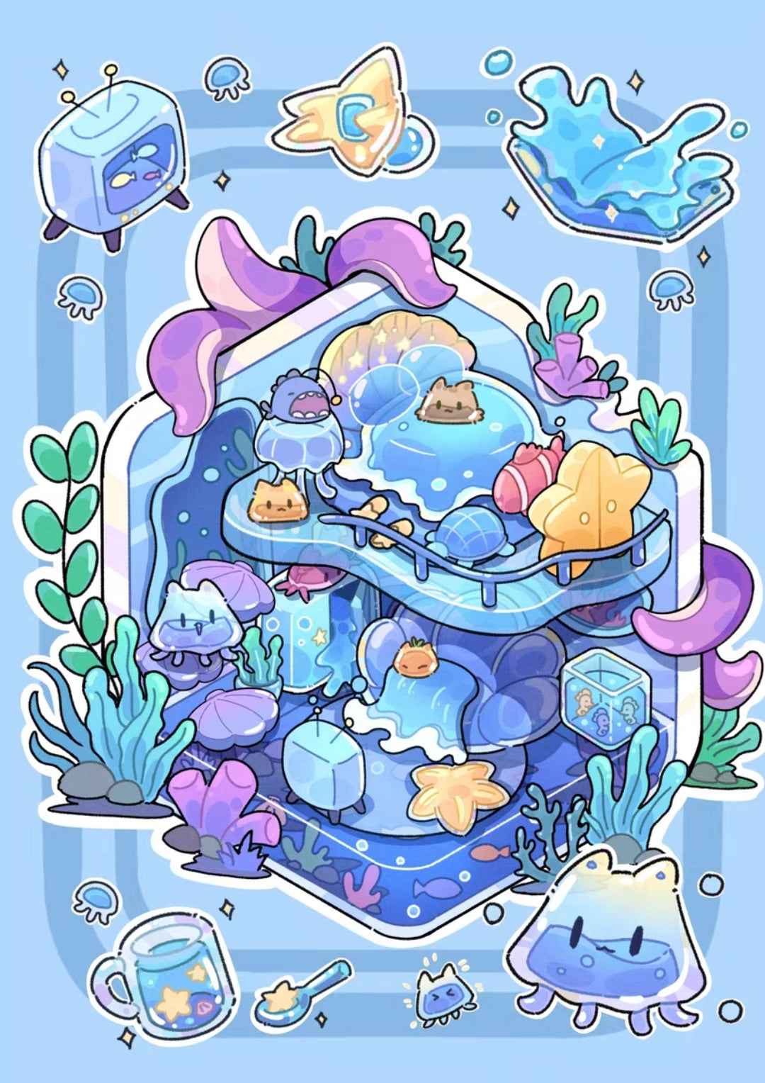Jelly Series 3.0 – 3D Miniature Sticker Scenes - 2 Theme Sets: Black & Red Tomato Jelly | Blue & White Dream Jelly
