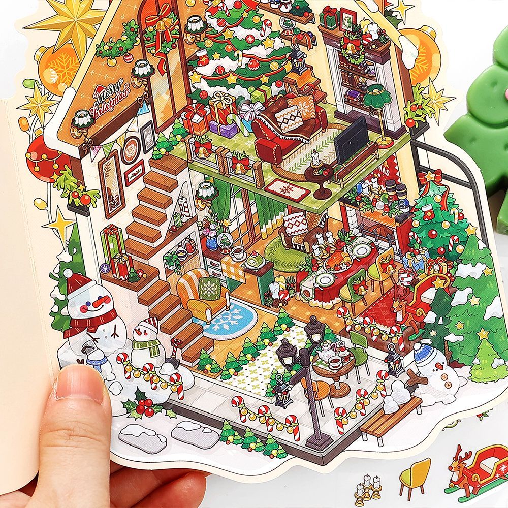 Christmas Cottage 3D Scene Sticker Foldable 4 Theme Sets: Cake House | Apple House | Crystal Ball House | Snow House