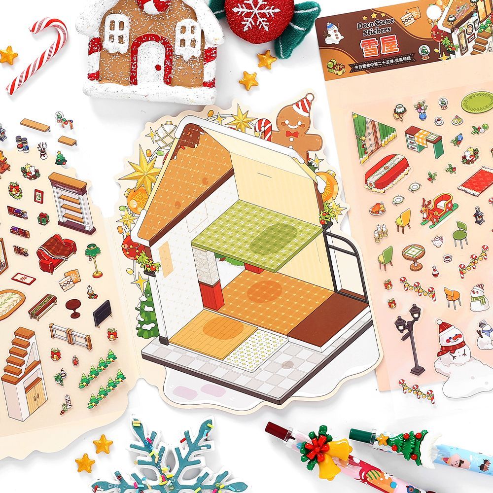 Christmas Cottage 3D Scene Sticker Foldable 4 Theme Sets: Cake House | Apple House | Crystal Ball House | Snow House