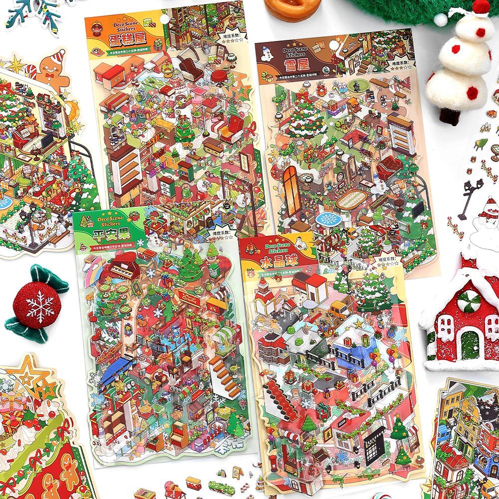 Christmas Cottage 3D Scene Sticker Foldable 4 Theme Sets: Cake House | Apple House | Crystal Ball House | Snow House