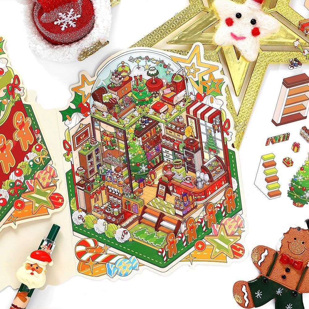 Christmas Cottage 3D Scene Sticker Foldable 4 Theme Sets: Cake House | Apple House | Crystal Ball House | Snow House