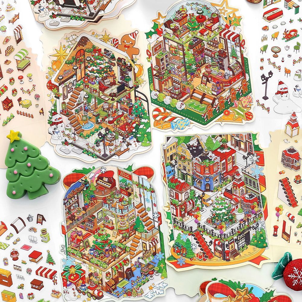 Christmas Cottage 3D Scene Sticker Foldable 4 Theme Sets: Cake House | Apple House | Crystal Ball House | Snow House