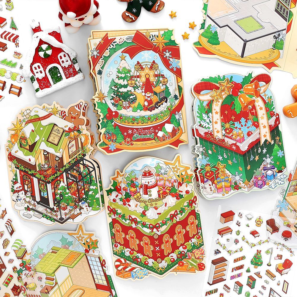 Christmas Cottage 3D Scene Sticker Foldable 4 Theme Sets: Cake House | Apple House | Crystal Ball House | Snow House