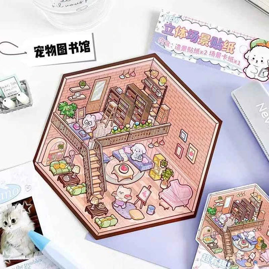 Korean Style Puppy 3D Room Stickers - 4 Theme Sets: Puppy Clothing Shop | Puppy House | Puppy Dessert Shop | Puppy Library - SNSEASY