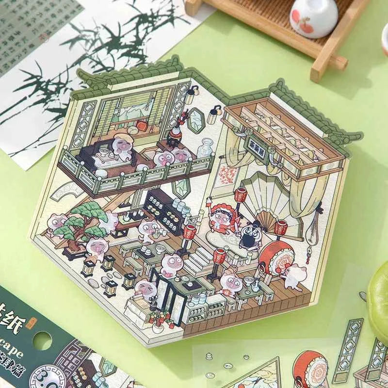 Chinese Style 3D Room Stickers - 4 Theme Sets: Panda Baozi Shop | Panda Hanfu Store | Tea House | Antique Shop - SNSEASY