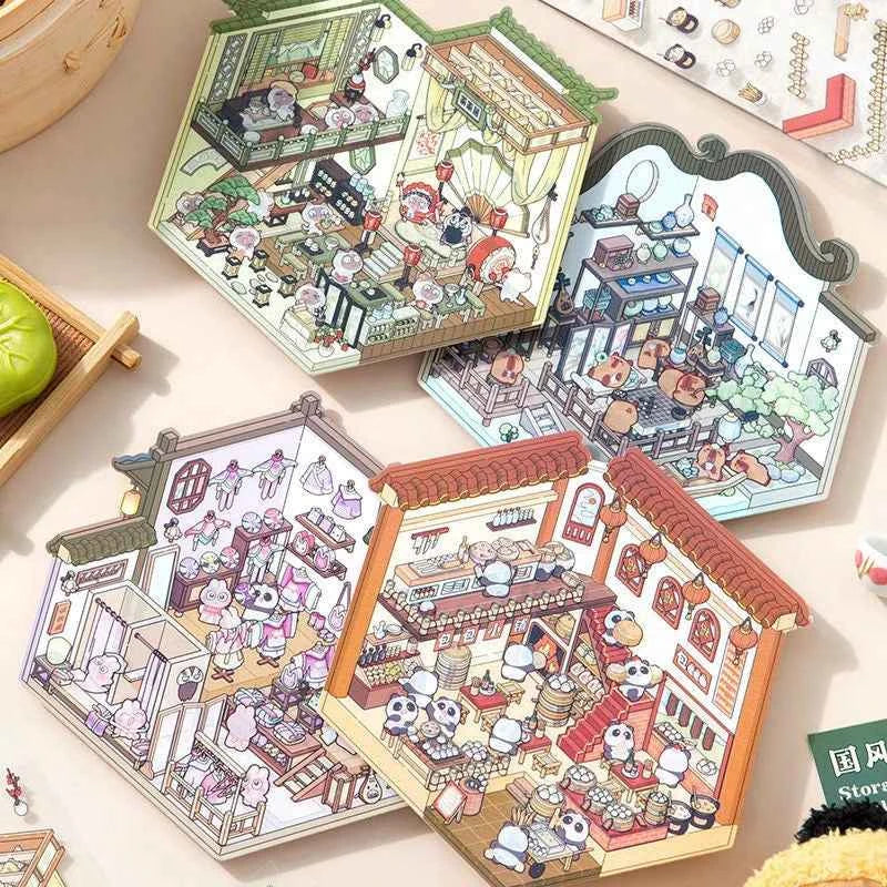 Chinese Style 3D Room Stickers - 4 Theme Sets: Panda Baozi Shop | Panda Hanfu Store | Tea House | Antique Shop - SNSEASY