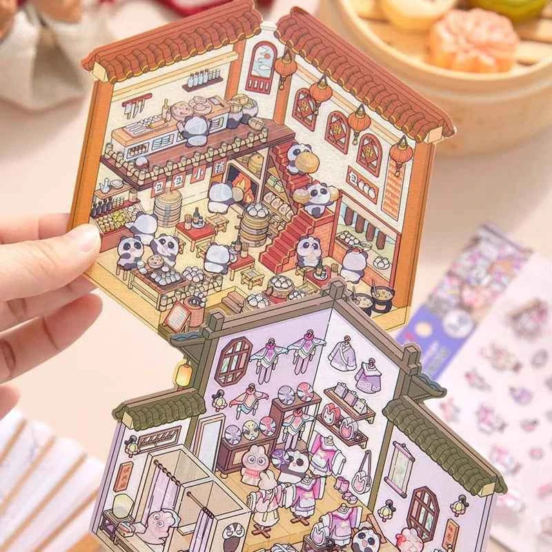 Chinese Style 3D Room Stickers - 4 Theme Sets: Panda Baozi Shop | Panda Hanfu Store | Tea House | Antique Shop - SNSEASY