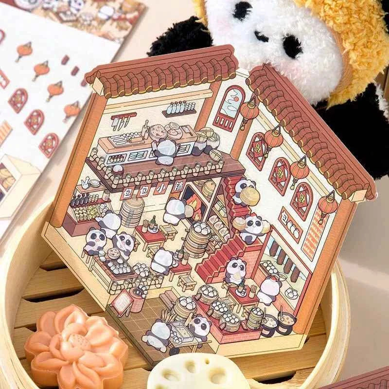Chinese Style 3D Room Stickers - 4 Theme Sets: Panda Baozi Shop | Panda Hanfu Store | Tea House | Antique Shop - SNSEASY