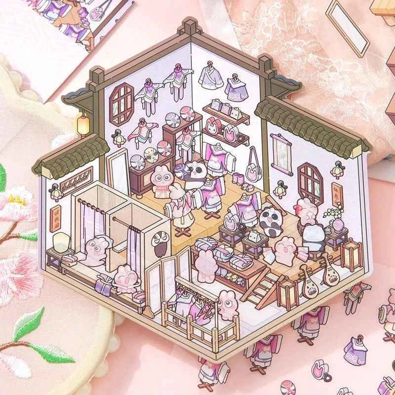 Chinese Style 3D Room Stickers - 4 Theme Sets: Panda Baozi Shop | Panda Hanfu Store | Tea House | Antique Shop - SNSEASY